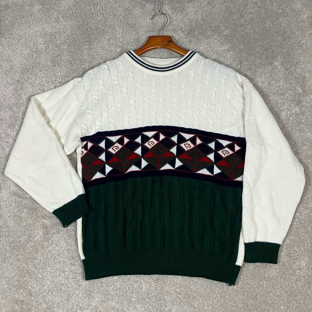 Vintage 90s Ramel Cable Knit Geometric Novelty Print Sweater Mens 36 White Green